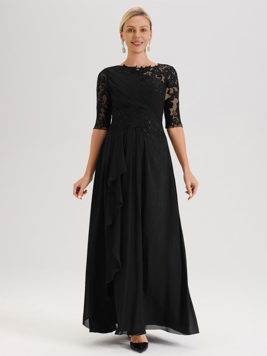 Cicinia Noir Robe Mère De La Mariée Col Ras Du Cou À Demi-Manches Trapèze En Mousseline Et Dentelle Longueur Au Sol