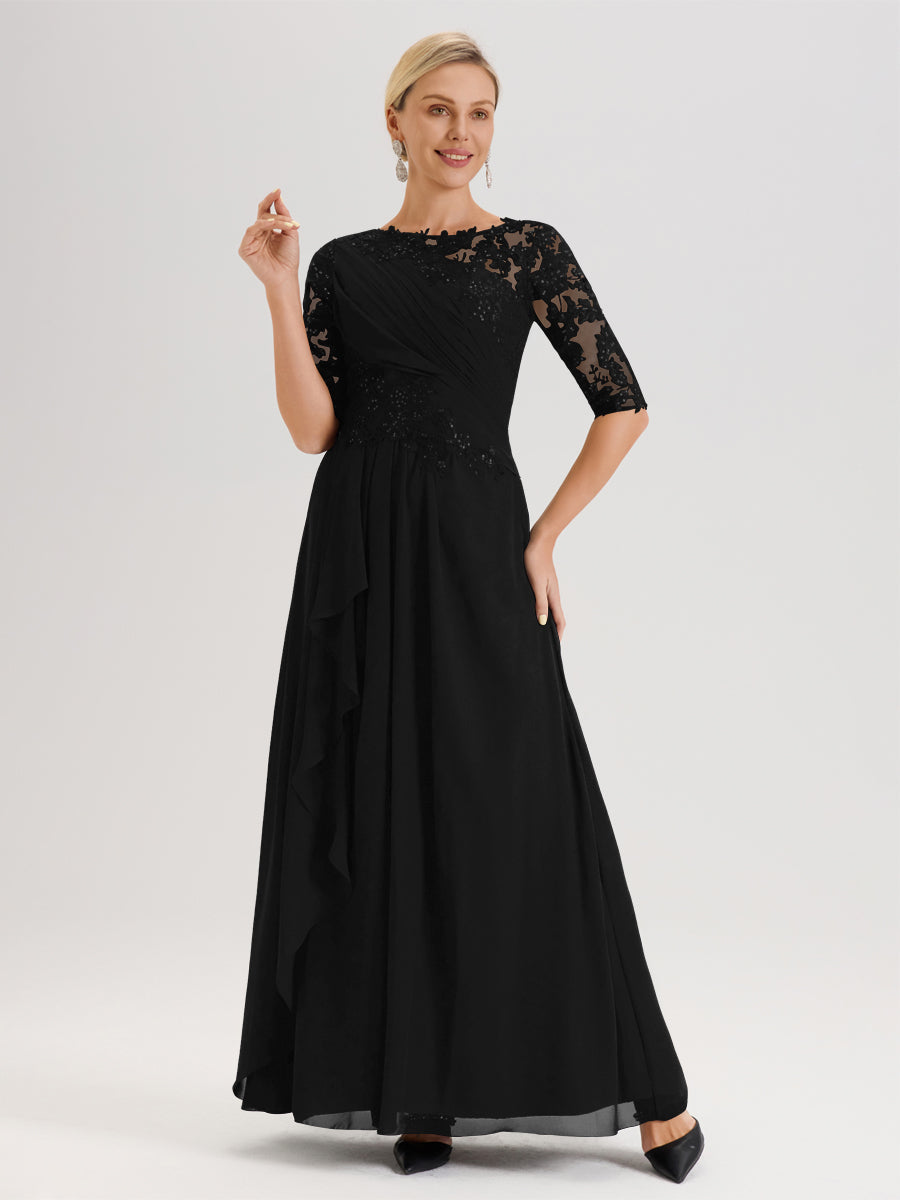 Cicinia Noir Robe Mère De La Mariée Col Ras Du Cou À Demi-Manches Trapèze En Mousseline Et Dentelle Longueur Au Sol