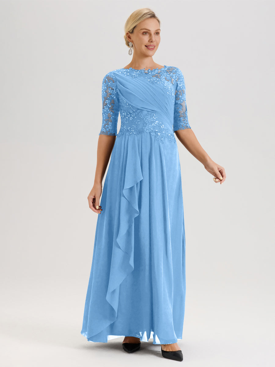 Cicinia Bleu Robe Mère De La Mariée Col Ras Du Cou À Demi-Manches Trapèze En Mousseline Et Dentelle Longueur Au Sol