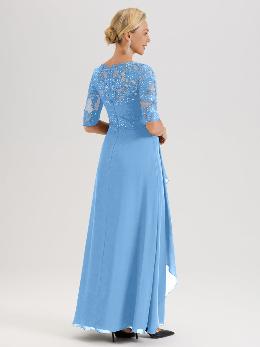 Cicinia Bleu Robe Mère De La Mariée Col Ras Du Cou À Demi-Manches Trapèze En Mousseline Et Dentelle Longueur Au Sol
