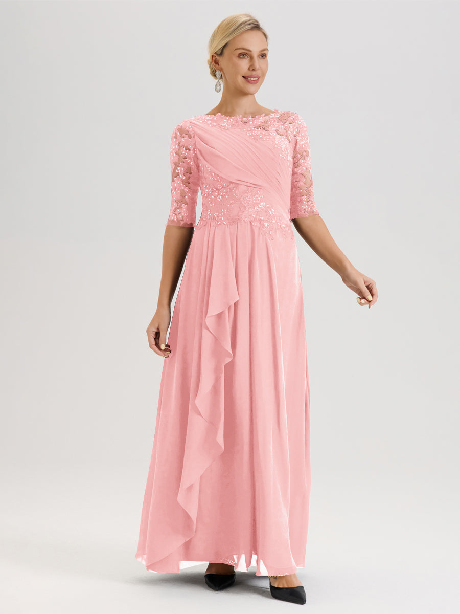 Cicinia Rose Robe Mère De La Mariée Col Ras Du Cou À Demi-Manches Trapèze En Mousseline Et Dentelle Longueur Au Sol