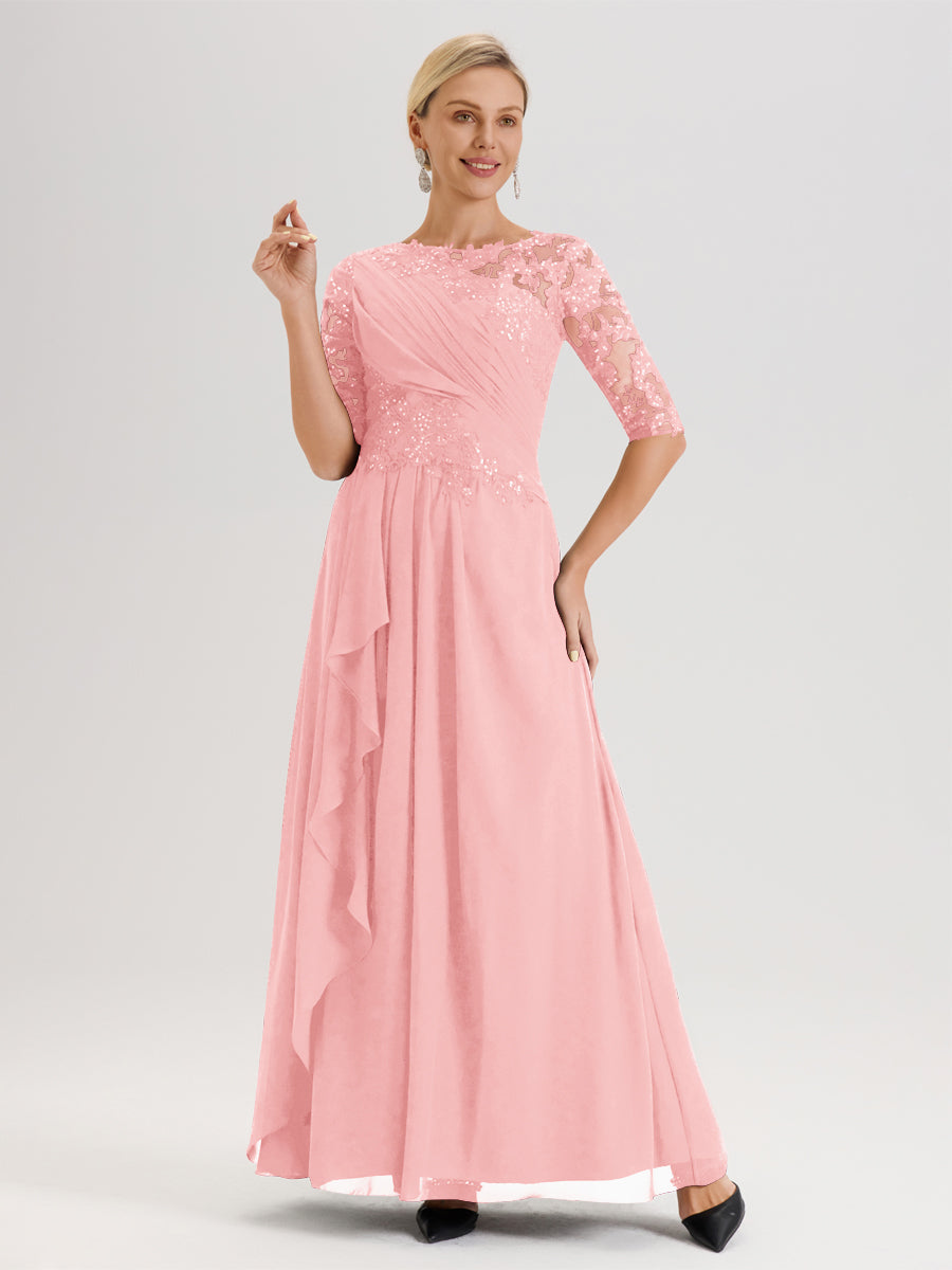 Cicinia Rose Robe Mère De La Mariée Col Ras Du Cou À Demi-Manches Trapèze En Mousseline Et Dentelle Longueur Au Sol