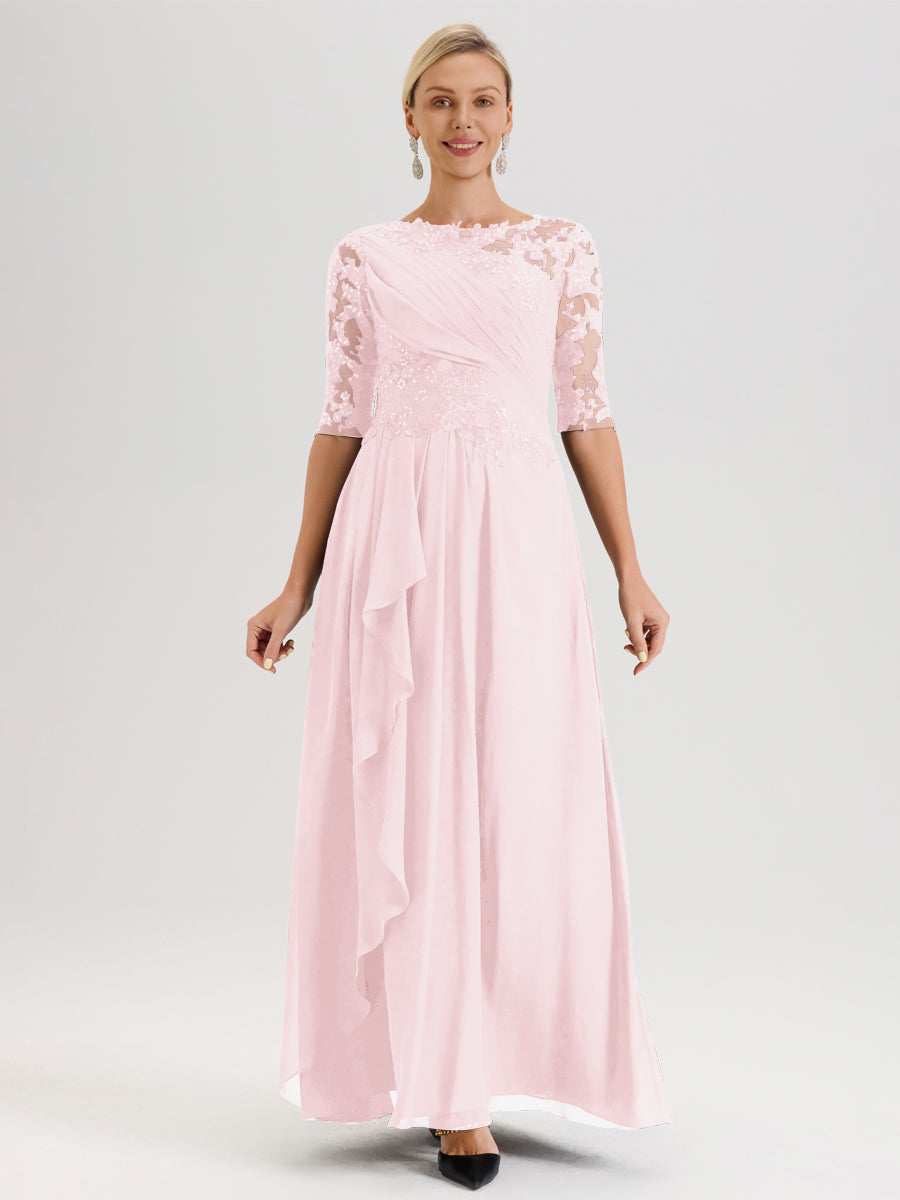 Cicinia Rose Pâle Robe Mère De La Mariée Col Ras Du Cou À Demi-Manches Trapèze En Mousseline Et Dentelle Longueur Au Sol
