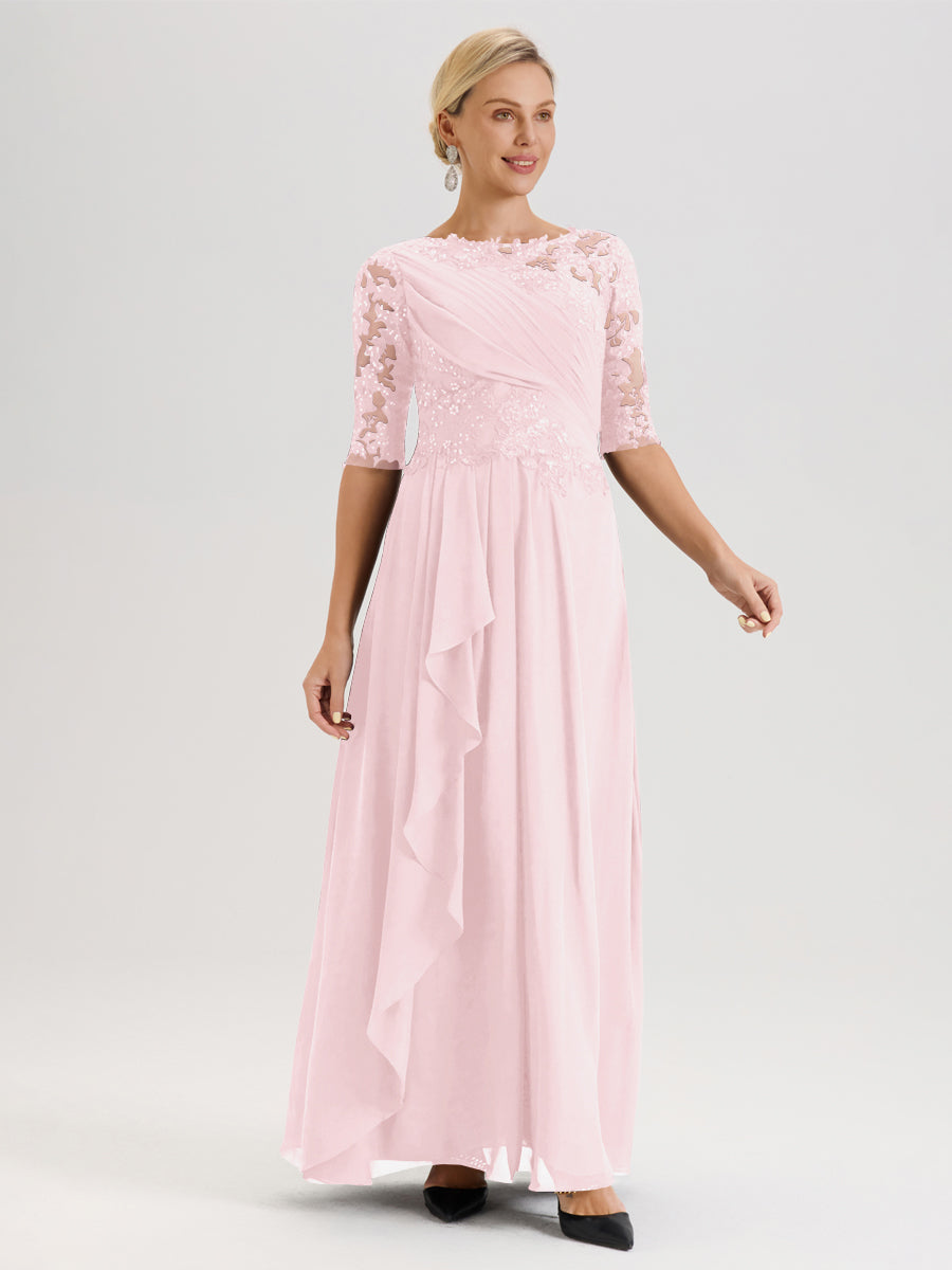 Cicinia Rose Pâle Robe Mère De La Mariée Col Ras Du Cou À Demi-Manches Trapèze En Mousseline Et Dentelle Longueur Au Sol