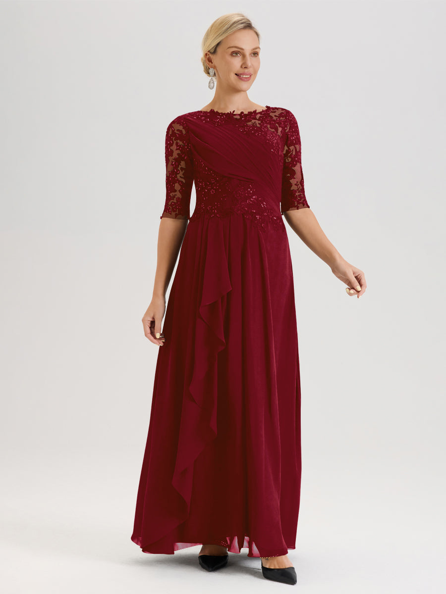 Cicinia Bordeaux Robe Mère De La Mariée Col Ras Du Cou À Demi-Manches Trapèze En Mousseline Et Dentelle Longueur Au Sol