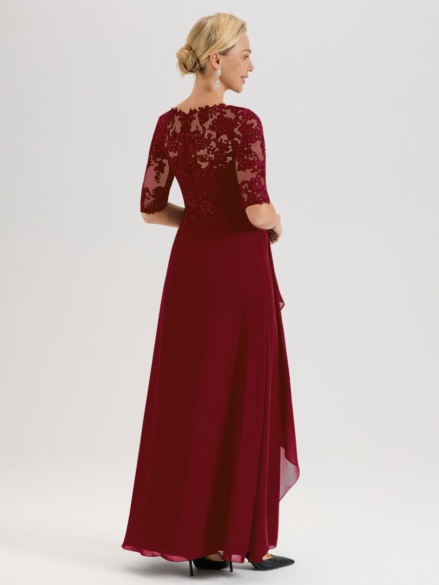 Cicinia Bordeaux Robe Mère De La Mariée Col Ras Du Cou À Demi-Manches Trapèze En Mousseline Et Dentelle Longueur Au Sol