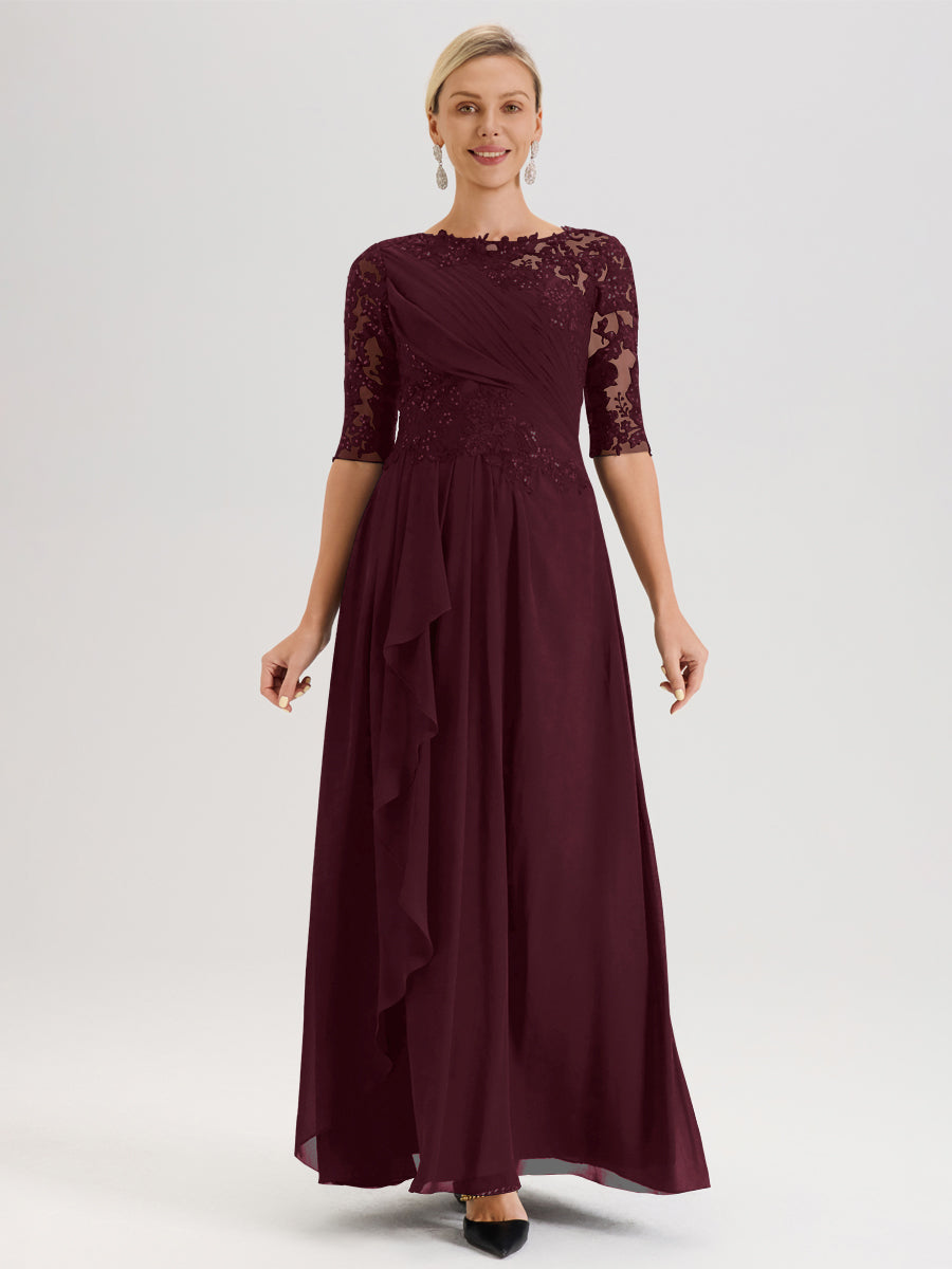 Cicinia Cabernet Robe Mère De La Mariée Col Ras Du Cou À Demi-Manches Trapèze En Mousseline Et Dentelle Longueur Au Sol