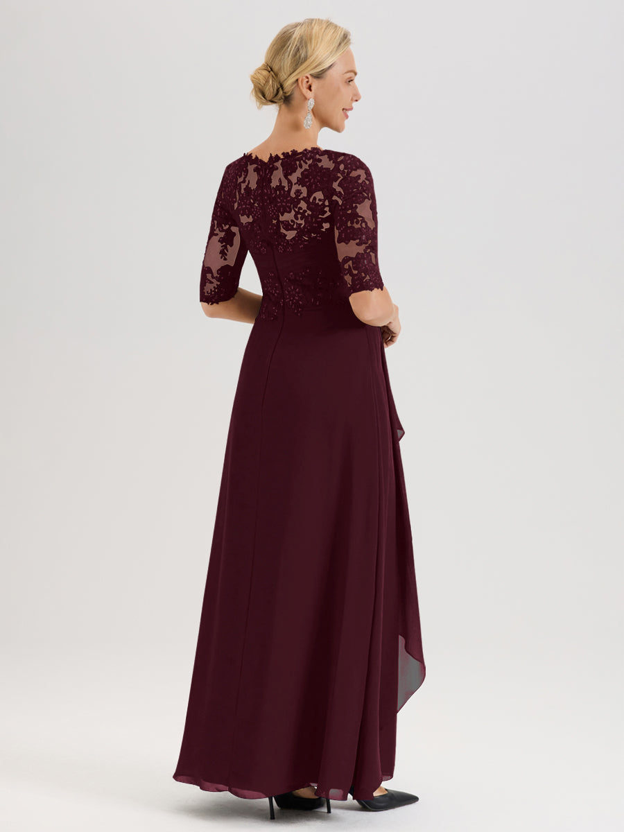 Cicinia Cabernet Robe Mère De La Mariée Col Ras Du Cou À Demi-Manches Trapèze En Mousseline Et Dentelle Longueur Au Sol