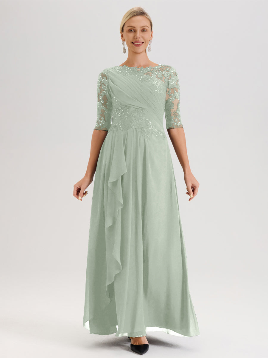 Cicinia Celadon Robe Mère De La Mariée Col Ras Du Cou À Demi-Manches Trapèze En Mousseline Et Dentelle Longueur Au Sol