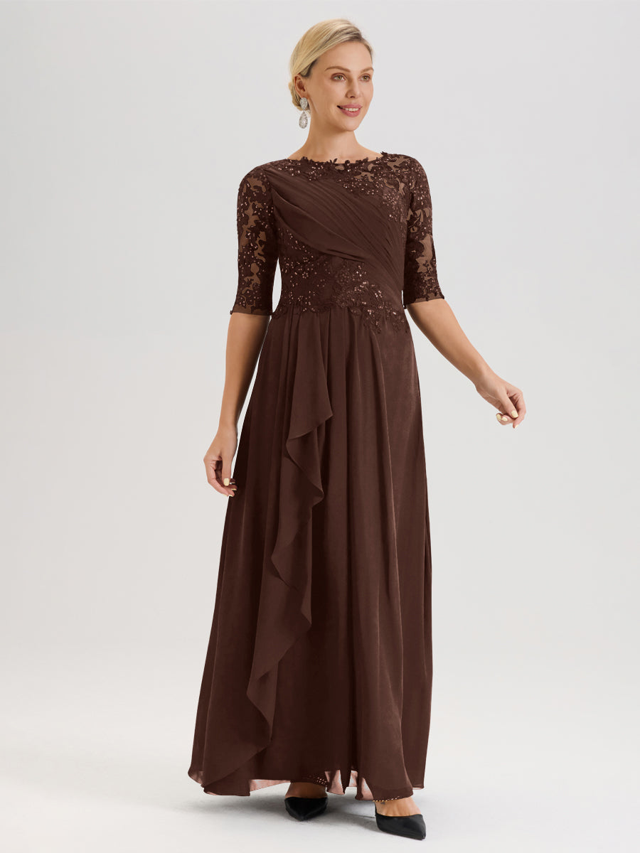 Cicinia Chocolat Robe Mère De La Mariée Col Ras Du Cou À Demi-Manches Trapèze En Mousseline Et Dentelle Longueur Au Sol