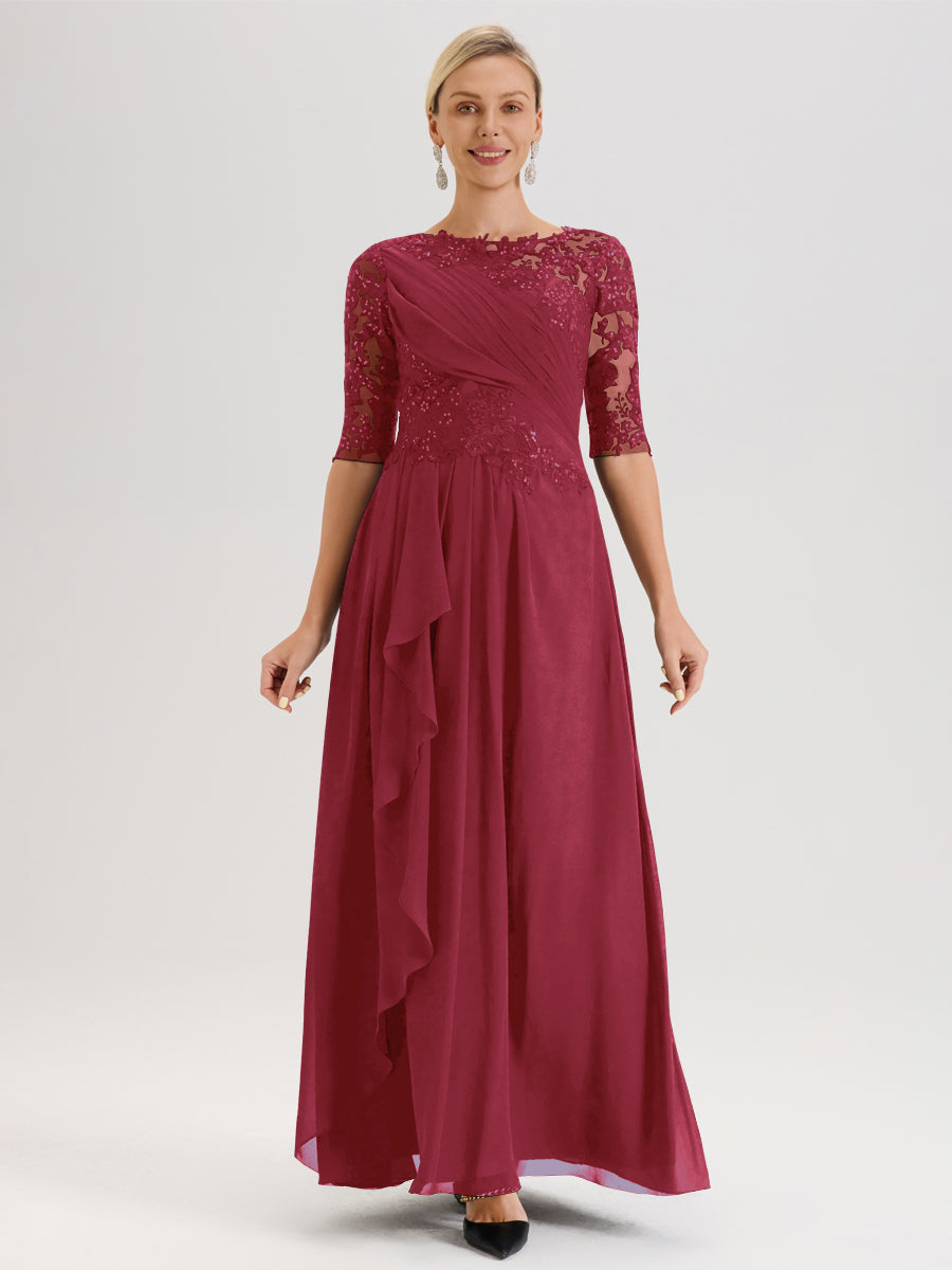 Cicinia Rose Cannelle Robe Mère De La Mariée Col Ras Du Cou À Demi-Manches Trapèze En Mousseline Et Dentelle Longueur Au Sol