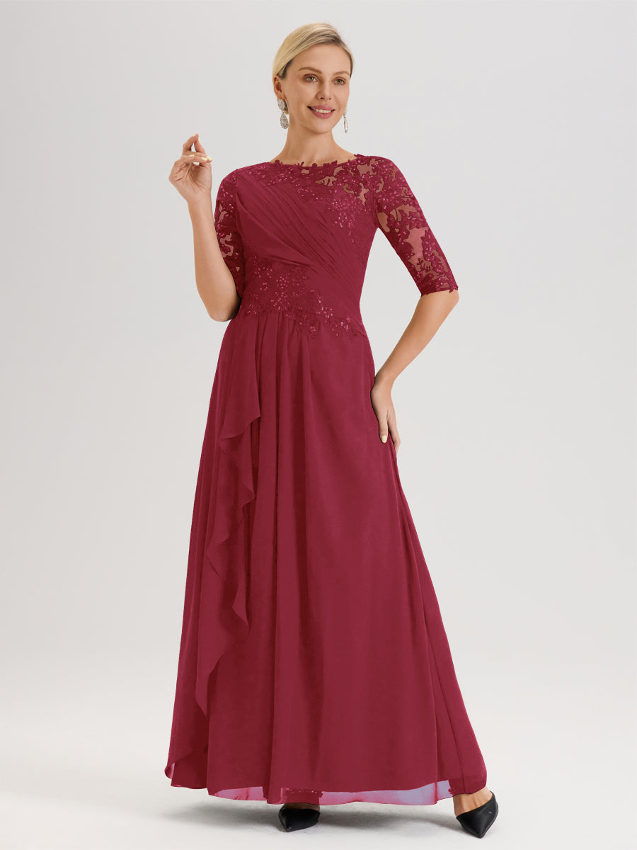 Cicinia Rose Cannelle Robe Mère De La Mariée Col Ras Du Cou À Demi-Manches Trapèze En Mousseline Et Dentelle Longueur Au Sol