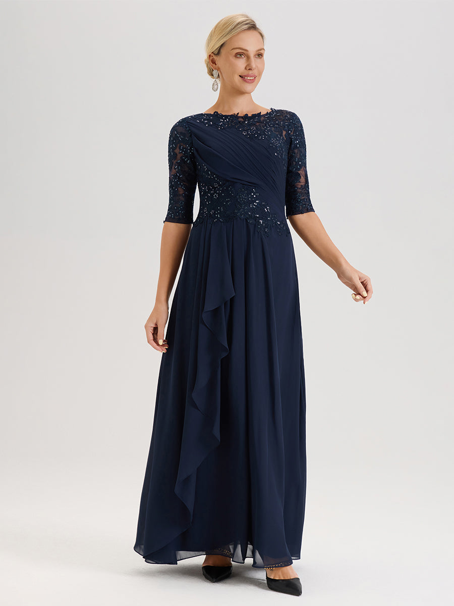 Cicinia Bleu Marine Robe Mère De La Mariée Col Ras Du Cou À Demi-Manches Trapèze En Mousseline Et Dentelle Longueur Au Sol