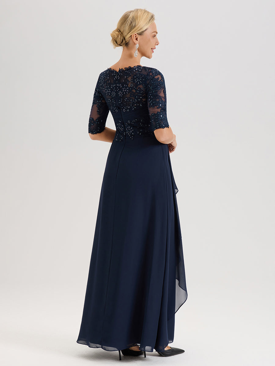Cicinia Bleu Marine Robe Mère De La Mariée Col Ras Du Cou À Demi-Manches Trapèze En Mousseline Et Dentelle Longueur Au Sol