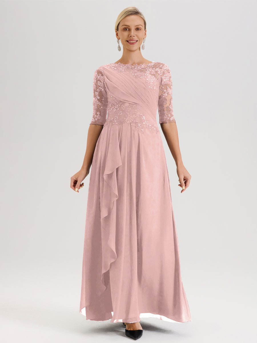 Cicinia Rose Poudré Robe Mère De La Mariée Col Ras Du Cou À Demi-Manches Trapèze En Mousseline Et Dentelle Longueur Au Sol
