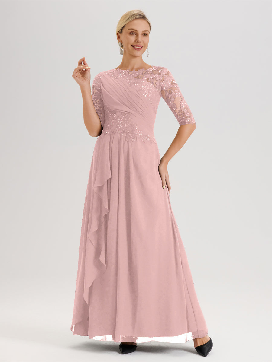Cicinia Rose Poudré Robe Mère De La Mariée Col Ras Du Cou À Demi-Manches Trapèze En Mousseline Et Dentelle Longueur Au Sol
