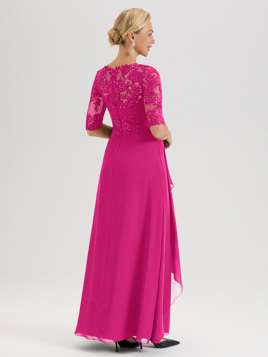 Cicinia Fuchsia Robe Mère De La Mariée Col Ras Du Cou À Demi-Manches Trapèze En Mousseline Et Dentelle Longueur Au Sol