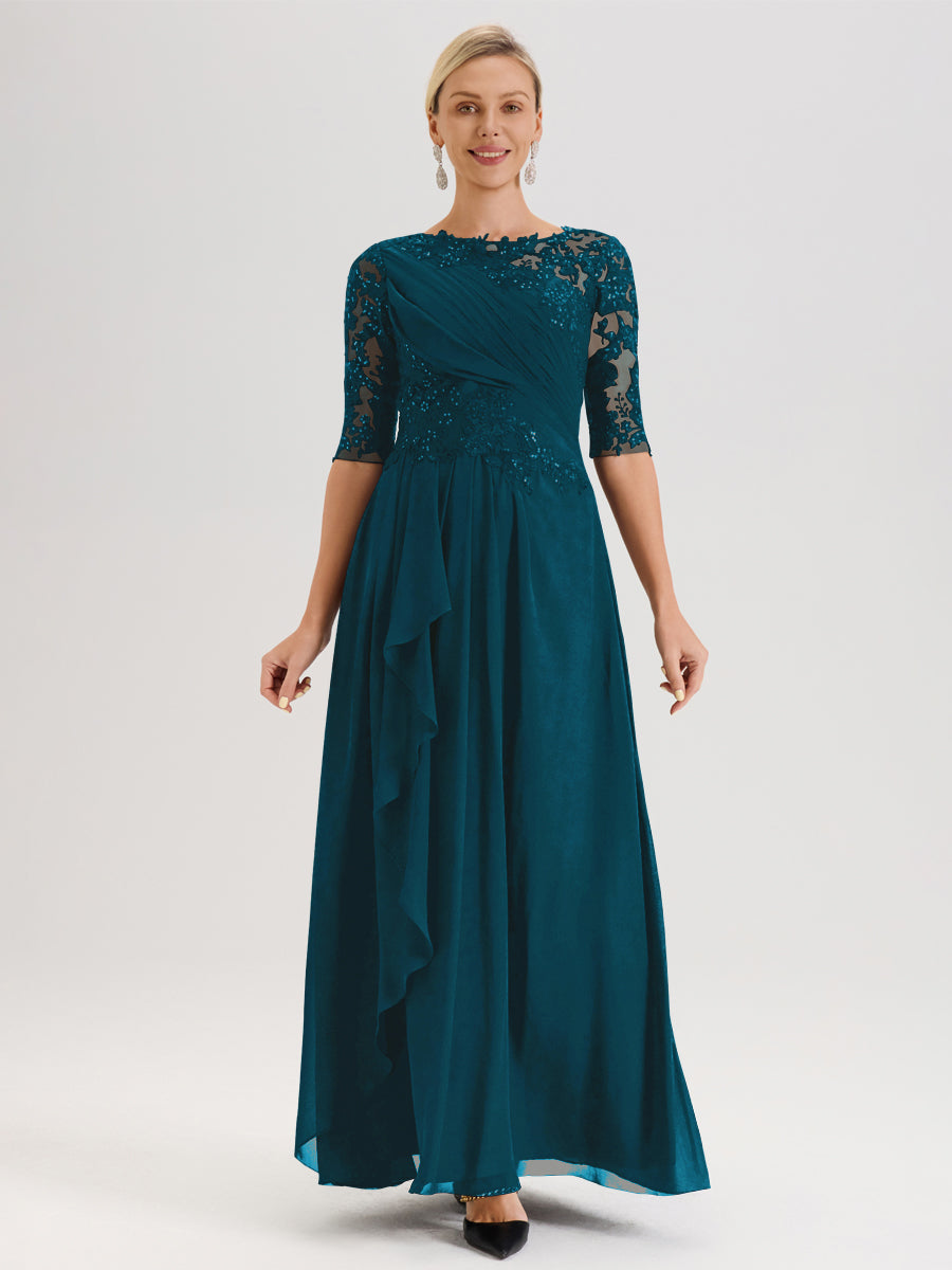 Cicinia Bleu Encre Robe Mère De La Mariée Col Ras Du Cou À Demi-Manches Trapèze En Mousseline Et Dentelle Longueur Au Sol