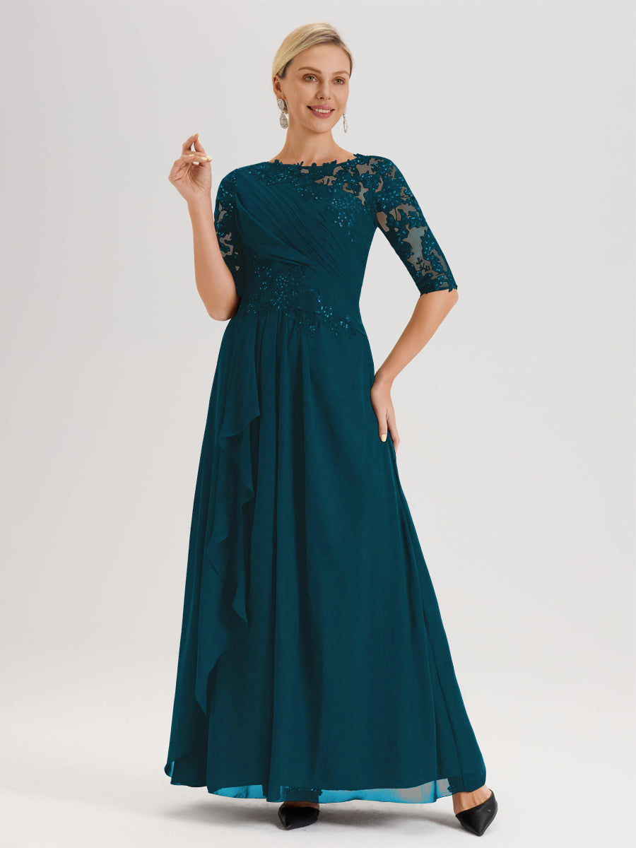Cicinia Bleu Encre Robe Mère De La Mariée Col Ras Du Cou À Demi-Manches Trapèze En Mousseline Et Dentelle Longueur Au Sol