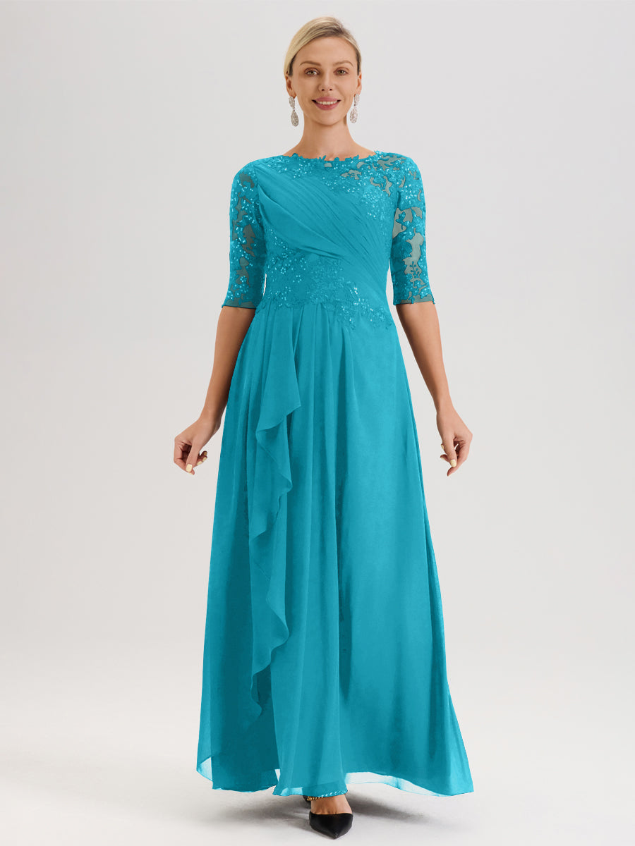 Cicinia Jade Robe Mère De La Mariée Col Ras Du Cou À Demi-Manches Trapèze En Mousseline Et Dentelle Longueur Au Sol