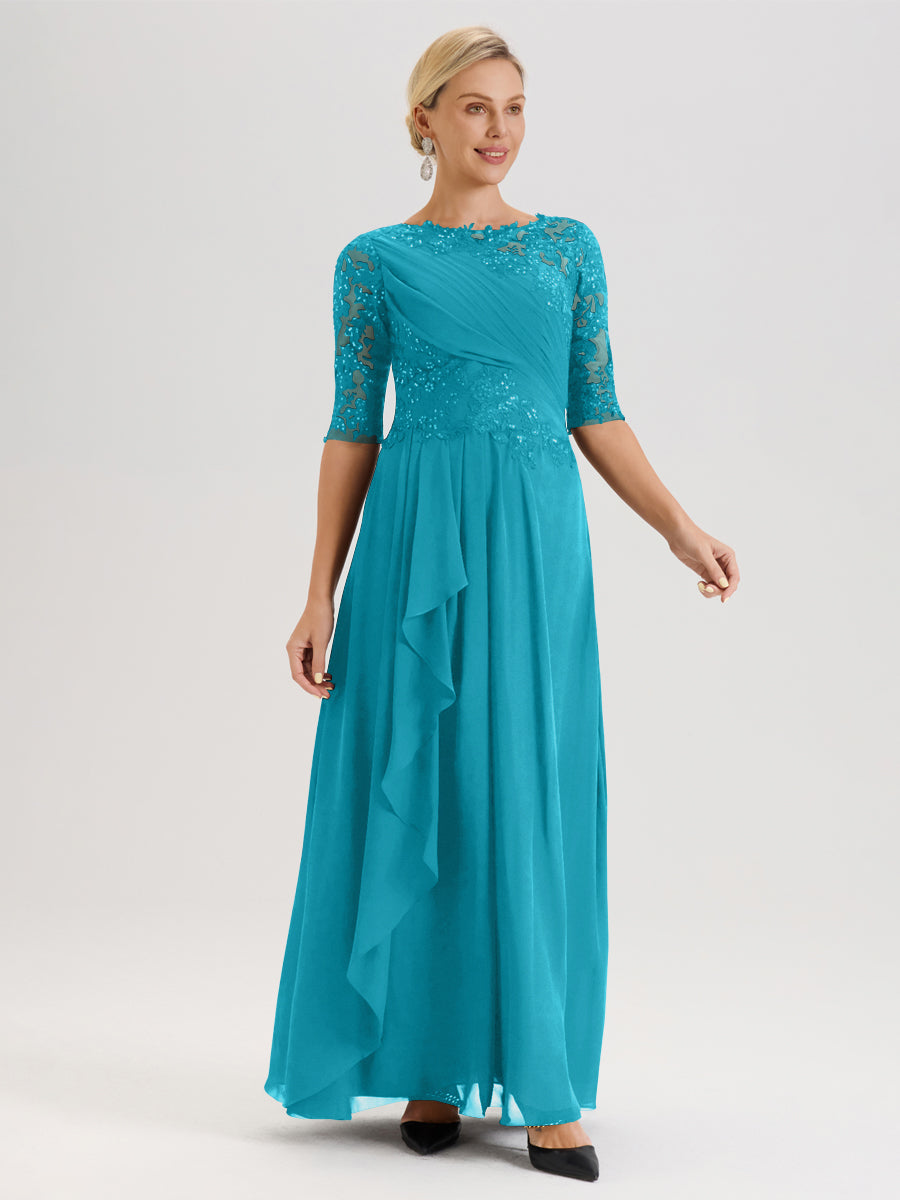 Cicinia Jade Robe Mère De La Mariée Col Ras Du Cou À Demi-Manches Trapèze En Mousseline Et Dentelle Longueur Au Sol