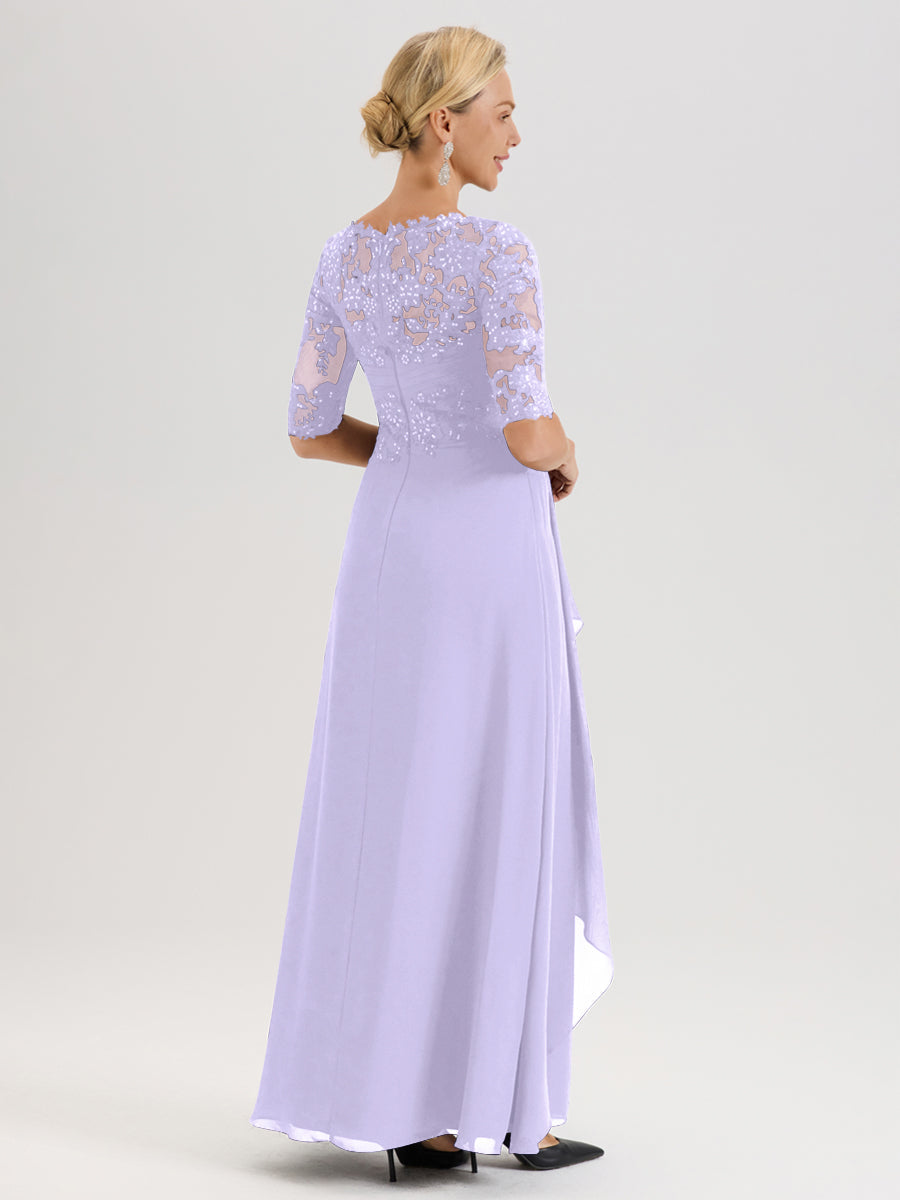 Cicinia Lilas Robe Mère De La Mariée Col Ras Du Cou À Demi-Manches Trapèze En Mousseline Et Dentelle Longueur Au Sol