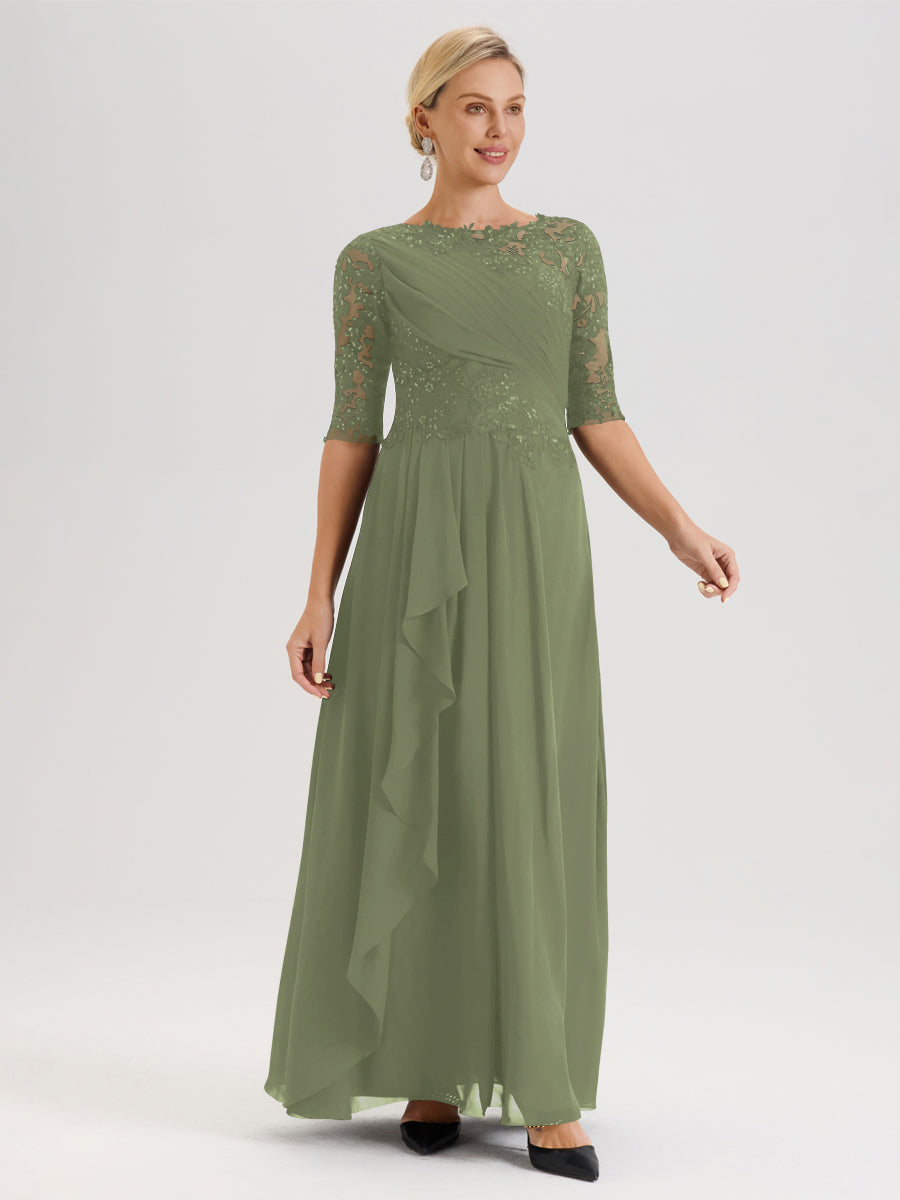 Cicinia Vert Olive Robe Mère De La Mariée Col Ras Du Cou À Demi-Manches Trapèze En Mousseline Et Dentelle Longueur Au Sol