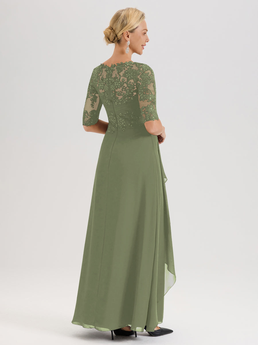 Cicinia Vert Olive Robe Mère De La Mariée Col Ras Du Cou À Demi-Manches Trapèze En Mousseline Et Dentelle Longueur Au Sol
