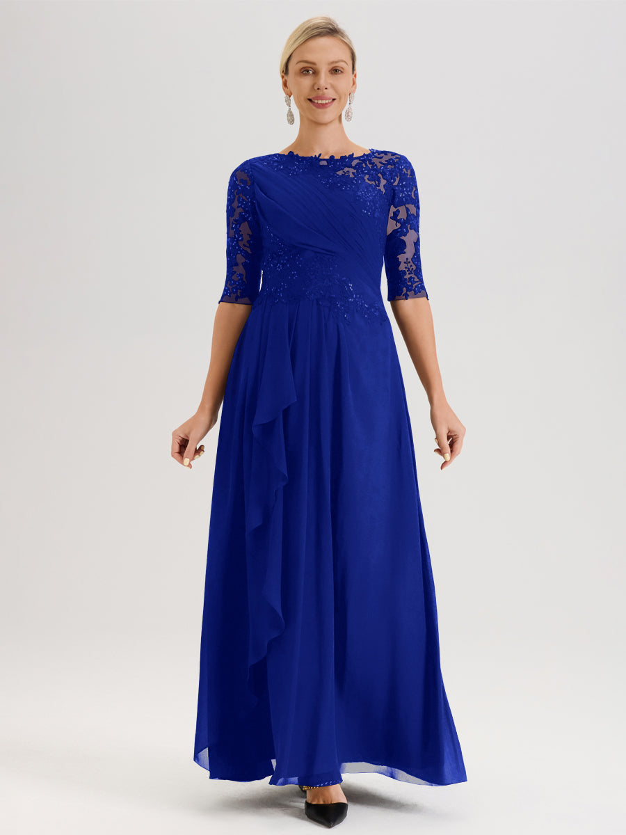 Cicinia Bleu Royale Robe Mère De La Mariée Col Ras Du Cou À Demi-Manches Trapèze En Mousseline Et Dentelle Longueur Au Sol