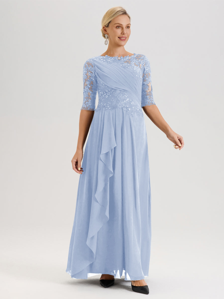 Cicinia Bleu Ciel Robe Mère De La Mariée Col Ras Du Cou À Demi-Manches Trapèze En Mousseline Et Dentelle Longueur Au Sol