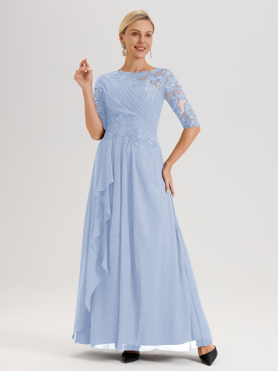 Cicinia Bleu Ciel Robe Mère De La Mariée Col Ras Du Cou À Demi-Manches Trapèze En Mousseline Et Dentelle Longueur Au Sol