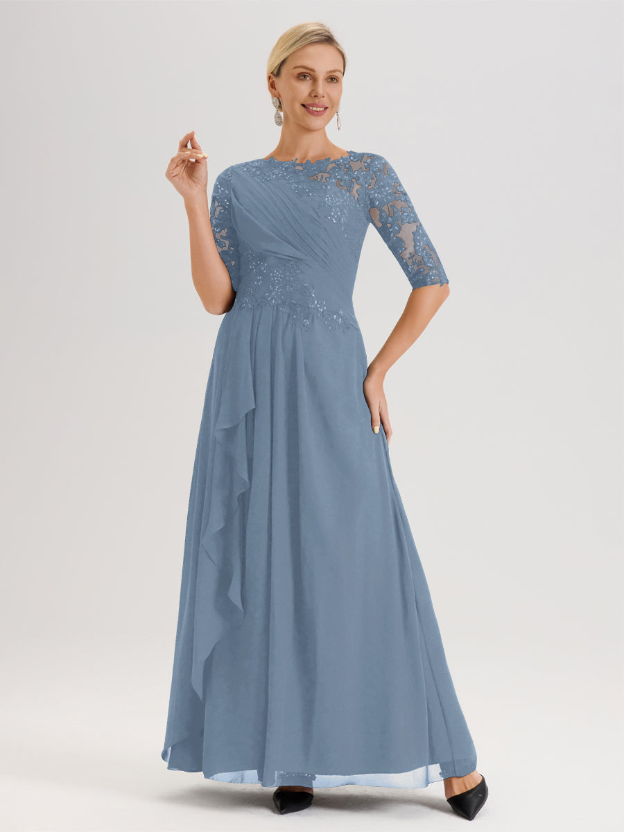 Cicinia Bleu De Schiste Robe Mère De La Mariée Col Ras Du Cou À Demi-Manches Trapèze En Mousseline Et Dentelle Longueur Au Sol