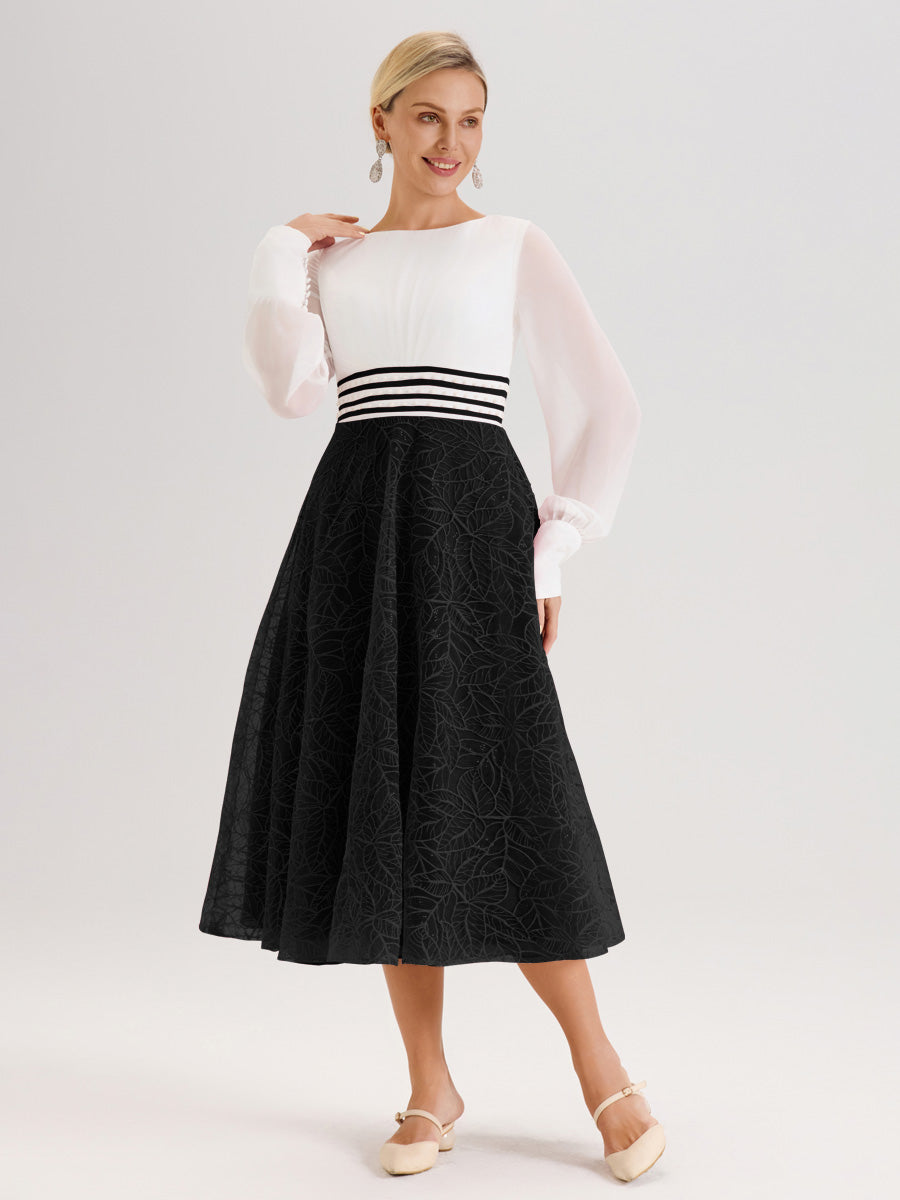 Cicinia Noir Robe Tendance Mère De La Mariée Col Ras Du Cou Manches Longues À Contraste En Mousseline Et Dentelle Longueur Mi-Mollet