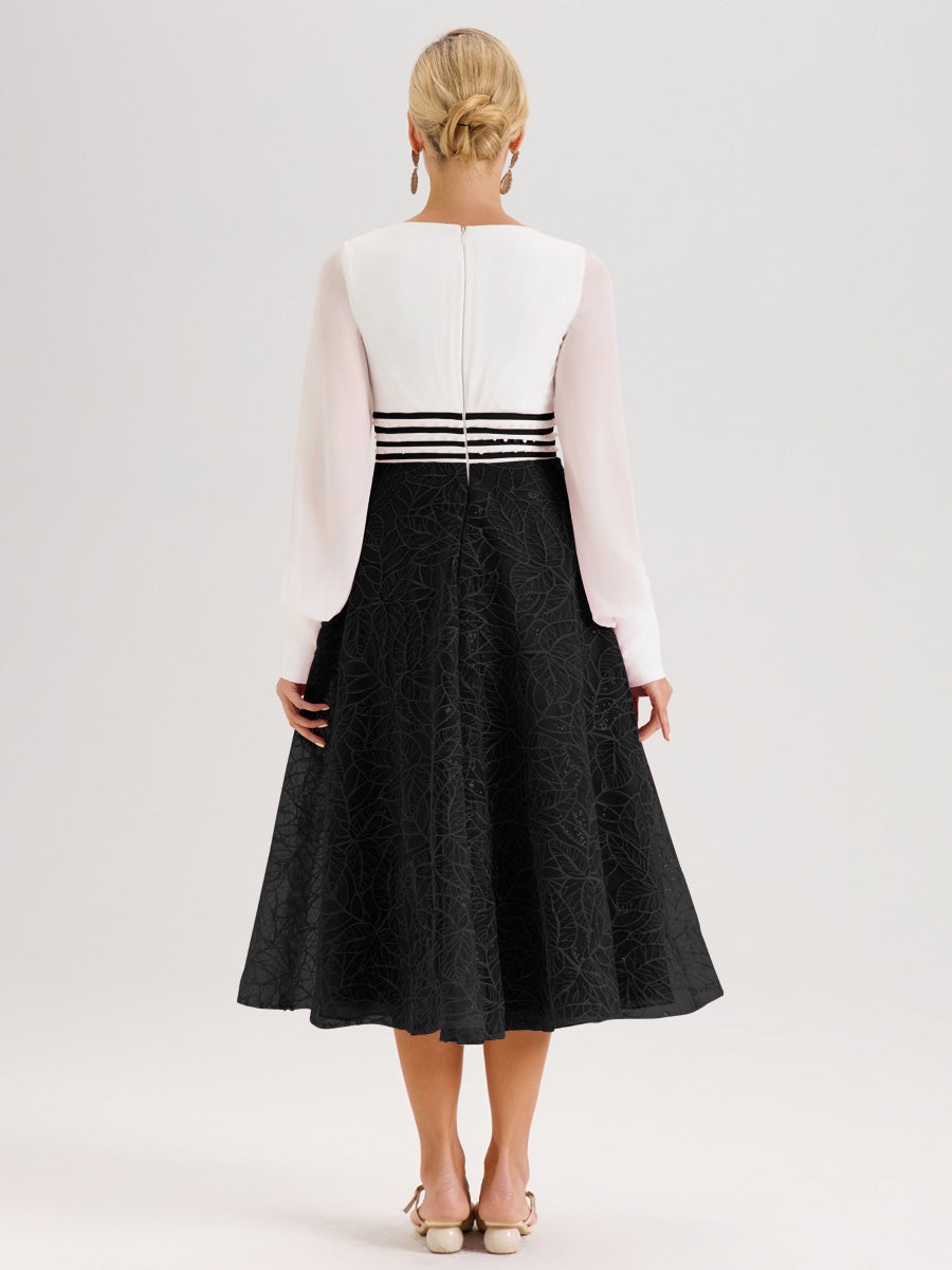 Cicinia Noir Robe Tendance Mère De La Mariée Col Ras Du Cou Manches Longues À Contraste En Mousseline Et Dentelle Longueur Mi-Mollet