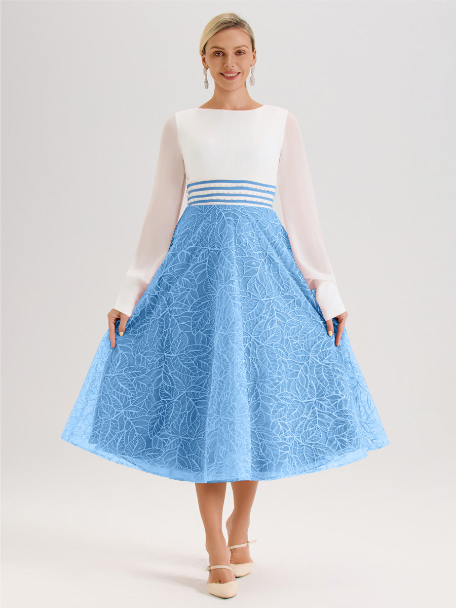 Cicinia Bleu Robe Tendance Mère De La Mariée Col Ras Du Cou Manches Longues À Contraste En Mousseline Et Dentelle Longueur Mi-Mollet