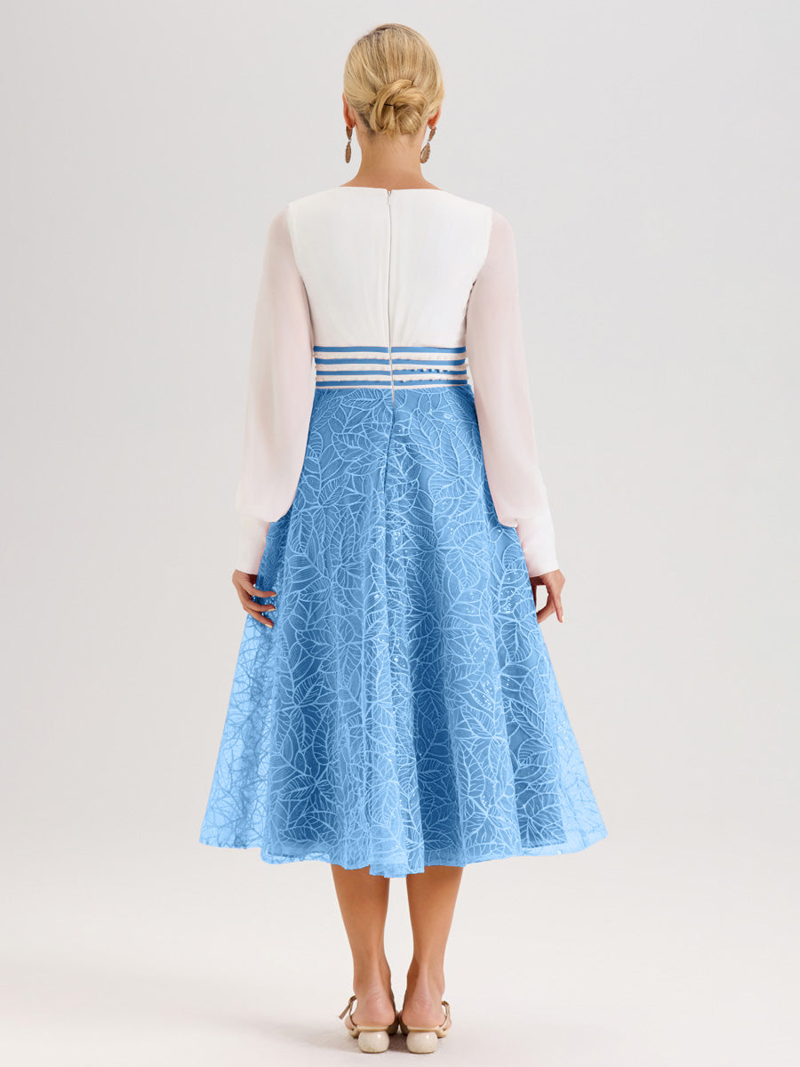Cicinia Bleu Robe Tendance Mère De La Mariée Col Ras Du Cou Manches Longues À Contraste En Mousseline Et Dentelle Longueur Mi-Mollet