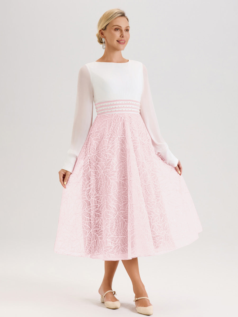 Cicinia Rose Pâle Robe Tendance Mère De La Mariée Col Ras Du Cou Manches Longues À Contraste En Mousseline Et Dentelle Longueur Mi-Mollet