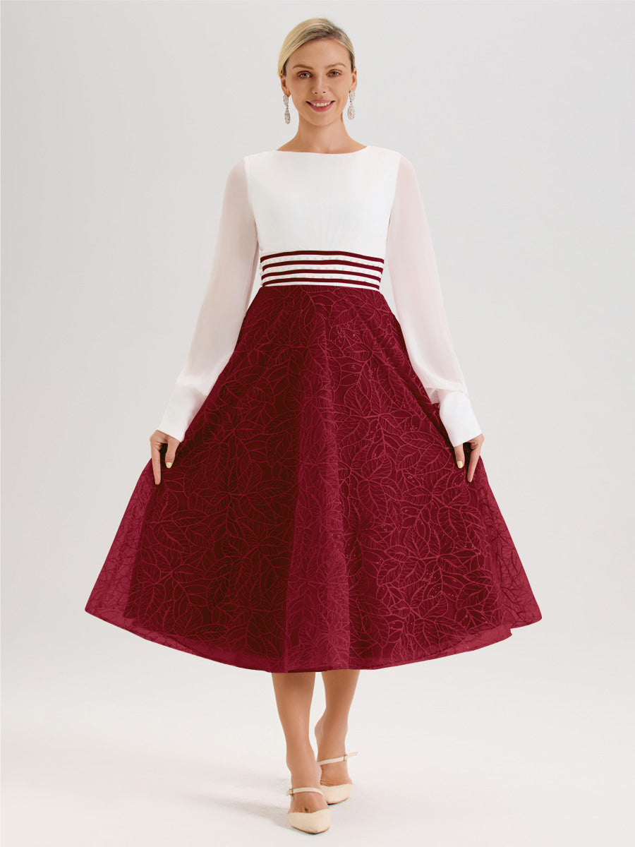 Cicinia Bordeaux Robe Tendance Mère De La Mariée Col Ras Du Cou Manches Longues À Contraste En Mousseline Et Dentelle Longueur Mi-Mollet