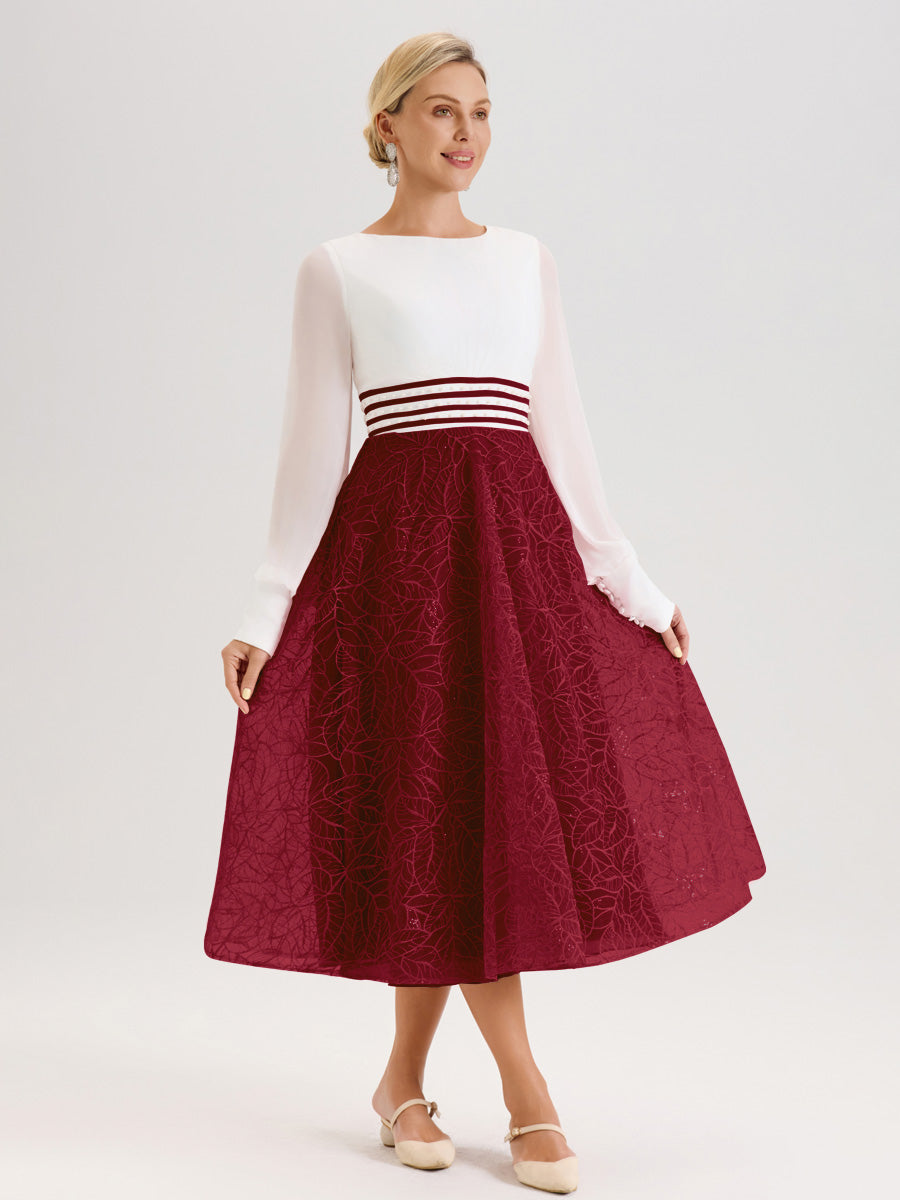 Cicinia Bordeaux Robe Tendance Mère De La Mariée Col Ras Du Cou Manches Longues À Contraste En Mousseline Et Dentelle Longueur Mi-Mollet