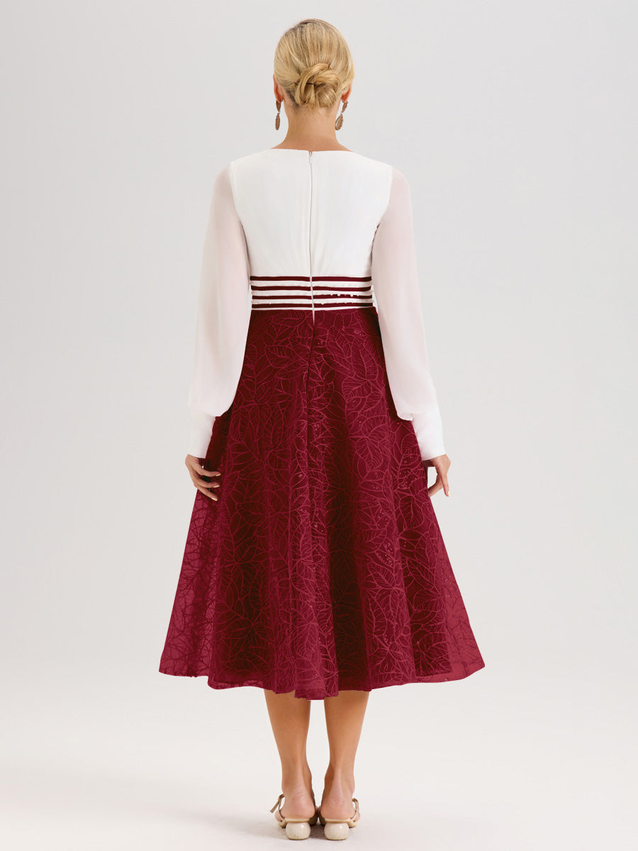 Cicinia Bordeaux Robe Tendance Mère De La Mariée Col Ras Du Cou Manches Longues À Contraste En Mousseline Et Dentelle Longueur Mi-Mollet