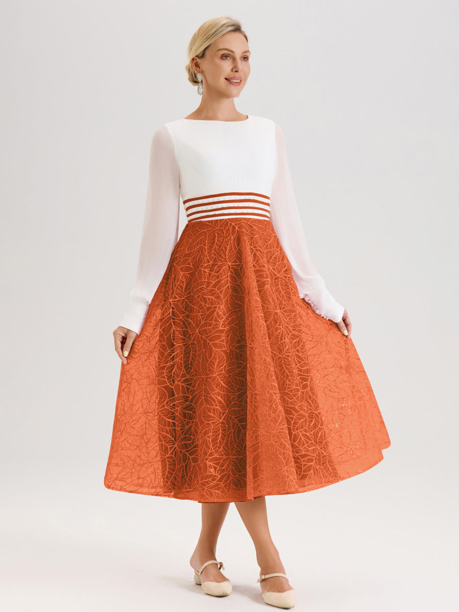 Cicinia Orange Brûlé Robe Tendance Mère De La Mariée Col Ras Du Cou Manches Longues À Contraste En Mousseline Et Dentelle Longueur Mi-Mollet