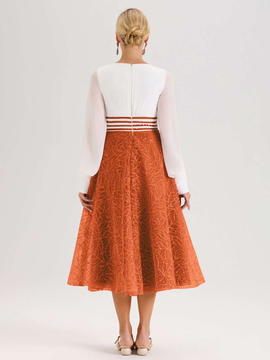 Cicinia Orange Brûlé Robe Tendance Mère De La Mariée Col Ras Du Cou Manches Longues À Contraste En Mousseline Et Dentelle Longueur Mi-Mollet