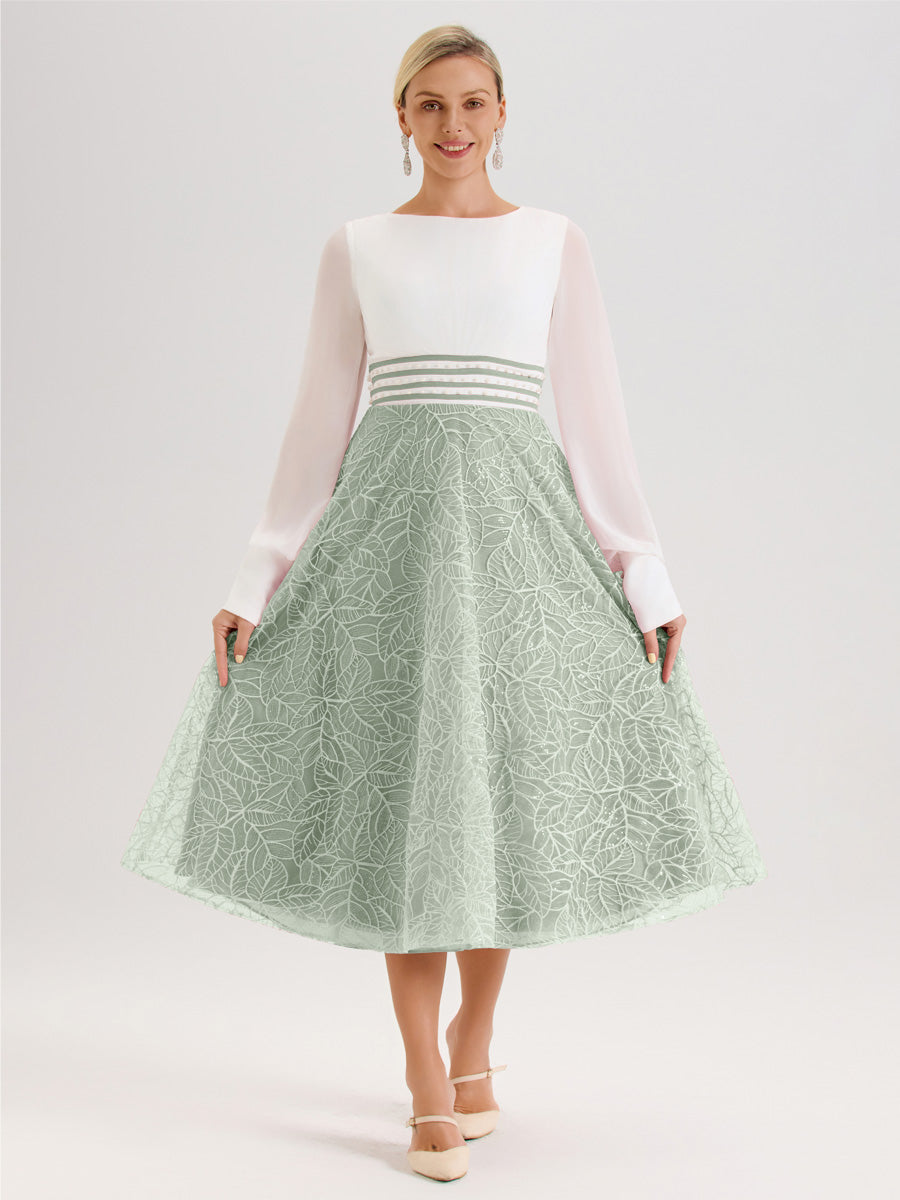 Cicinia Celadon Robe Tendance Mère De La Mariée Col Ras Du Cou Manches Longues À Contraste En Mousseline Et Dentelle Longueur Mi-Mollet