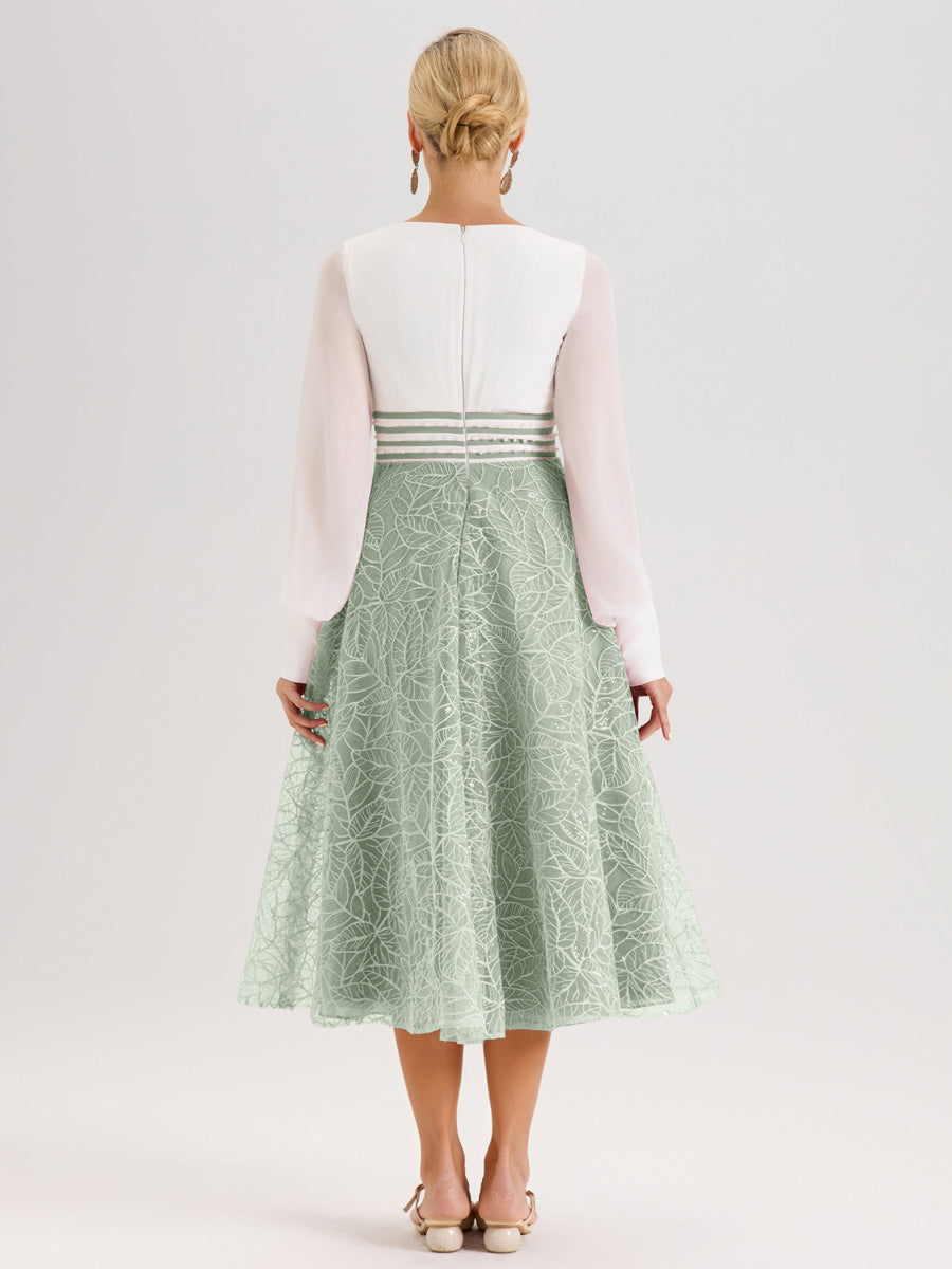 Cicinia Celadon Robe Tendance Mère De La Mariée Col Ras Du Cou Manches Longues À Contraste En Mousseline Et Dentelle Longueur Mi-Mollet