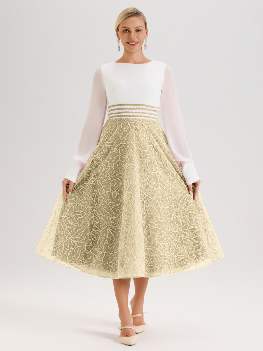 Cicinia Champagne Robe Tendance Mère De La Mariée Col Ras Du Cou Manches Longues À Contraste En Mousseline Et Dentelle Longueur Mi-Mollet