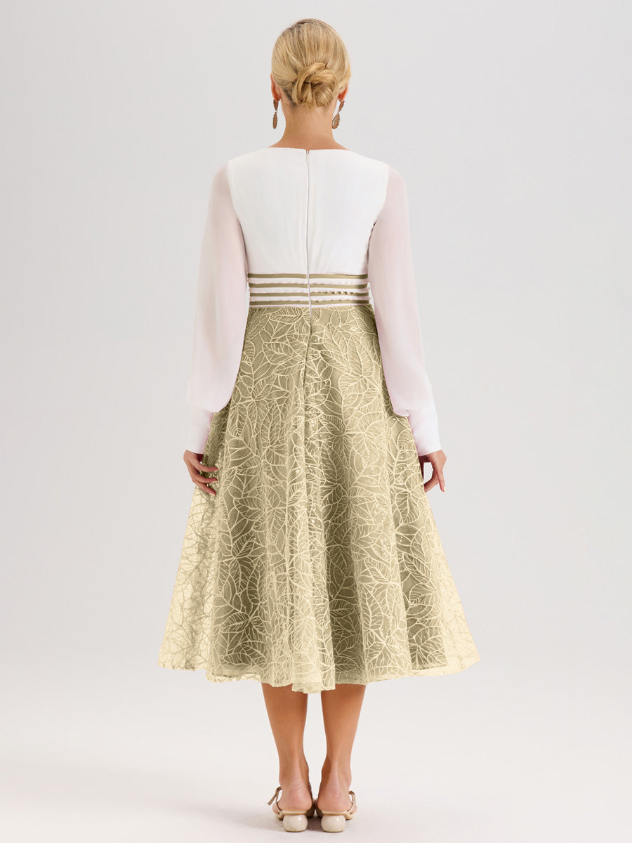 Cicinia Champagne Robe Tendance Mère De La Mariée Col Ras Du Cou Manches Longues À Contraste En Mousseline Et Dentelle Longueur Mi-Mollet