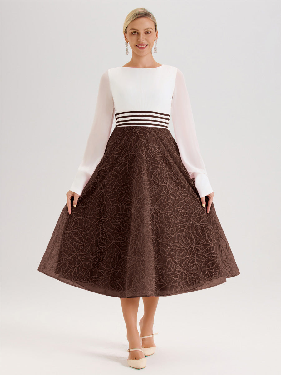 Cicinia Chocolat Robe Tendance Mère De La Mariée Col Ras Du Cou Manches Longues À Contraste En Mousseline Et Dentelle Longueur Mi-Mollet