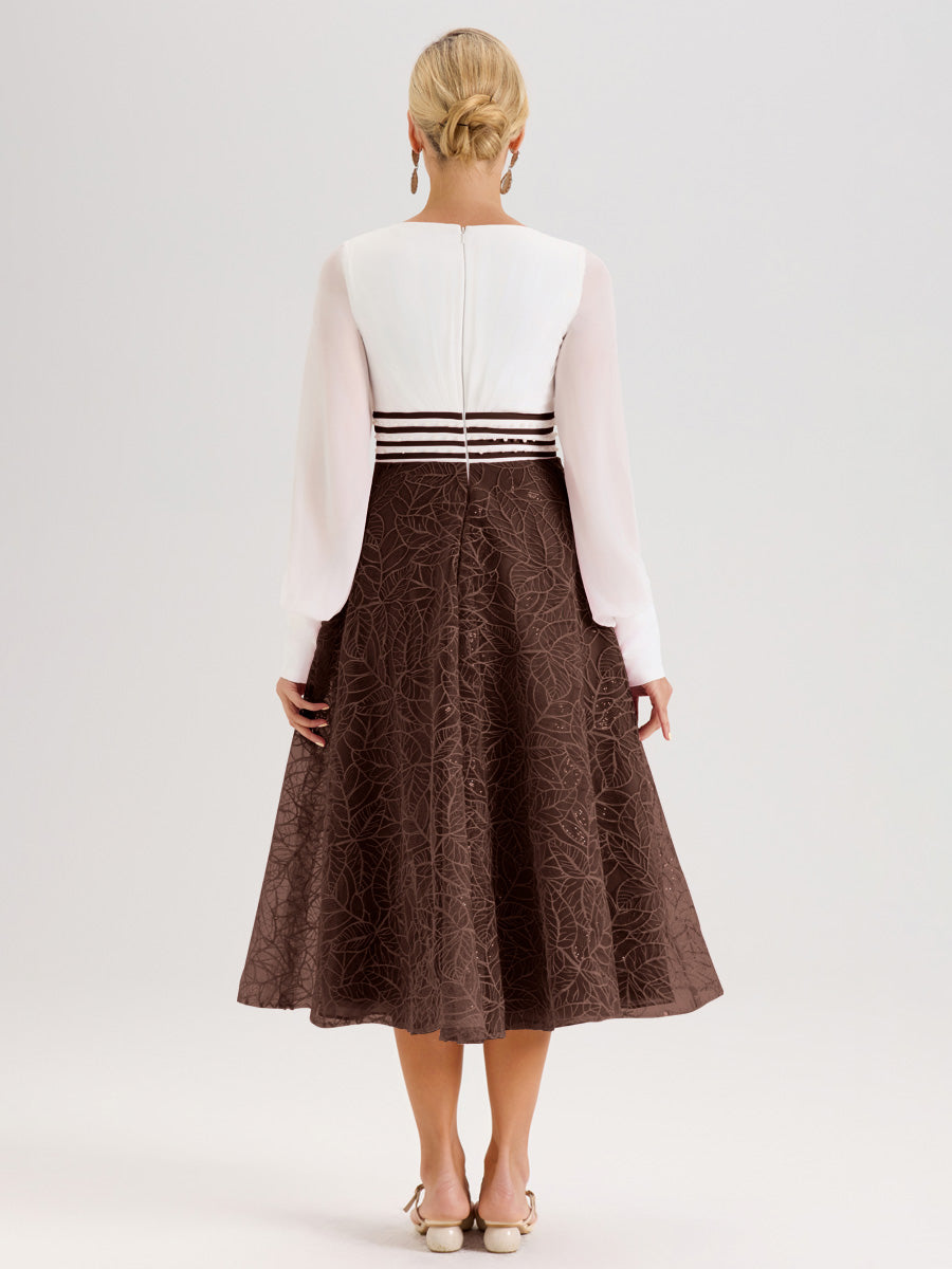 Cicinia Chocolat Robe Tendance Mère De La Mariée Col Ras Du Cou Manches Longues À Contraste En Mousseline Et Dentelle Longueur Mi-Mollet