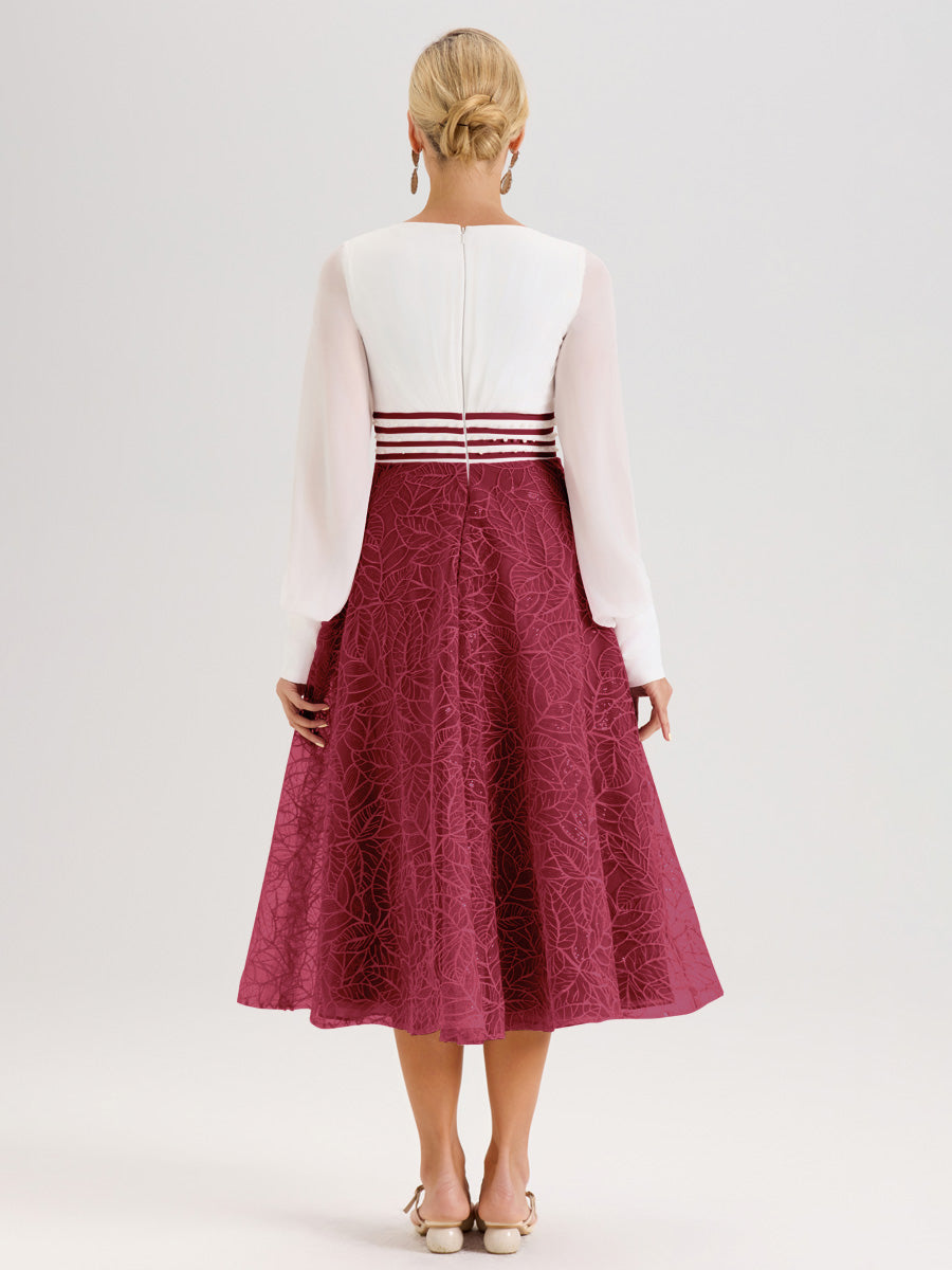 Cicinia Rose Cannelle Robe Tendance Mère De La Mariée Col Ras Du Cou Manches Longues À Contraste En Mousseline Et Dentelle Longueur Mi-Mollet