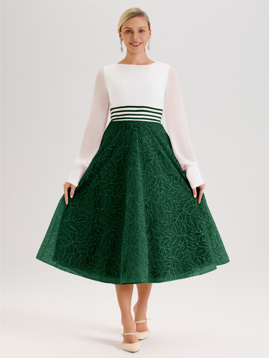 Cicinia Vert Foncé Robe Tendance Mère De La Mariée Col Ras Du Cou Manches Longues À Contraste En Mousseline Et Dentelle Longueur Mi-Mollet